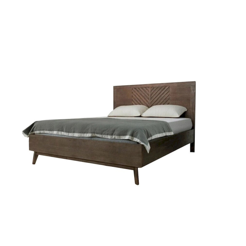Brown Carved Geometric Solid Wood King Bed Frame - Mid-Century Modern