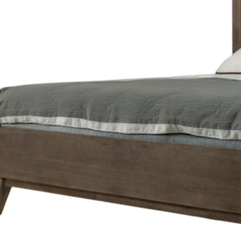 Brown Carved Geometric Solid Wood King Bed Frame - Mid-Century Modern