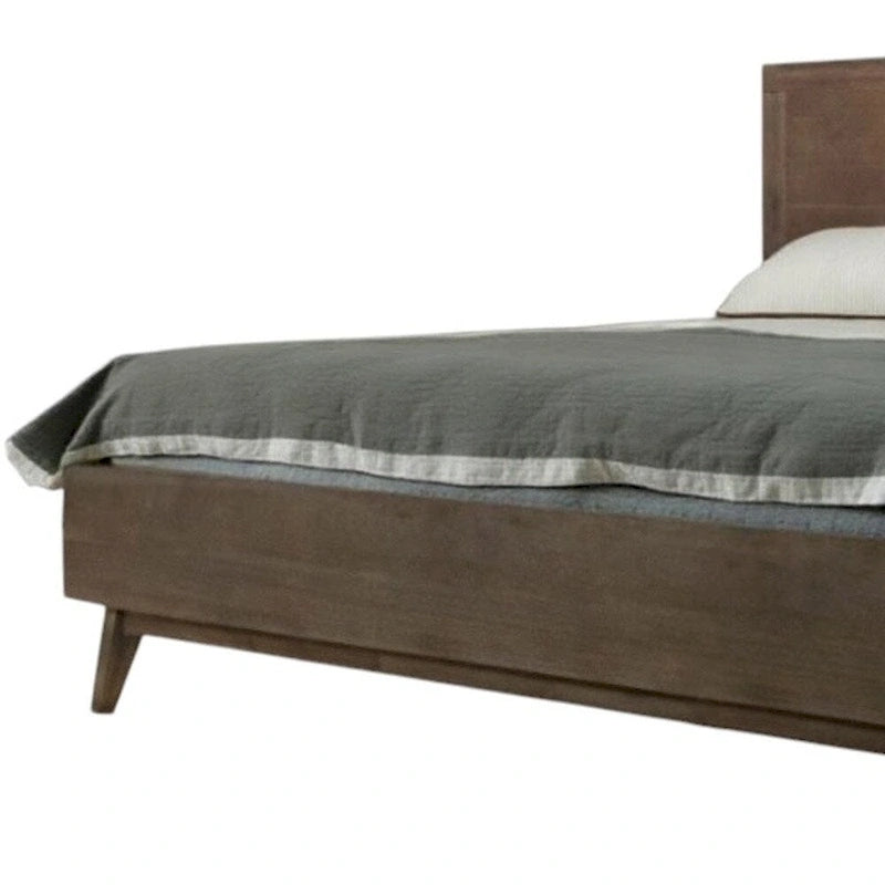 Brown Carved Geometric Solid Wood King Bed Frame - Mid-Century Modern