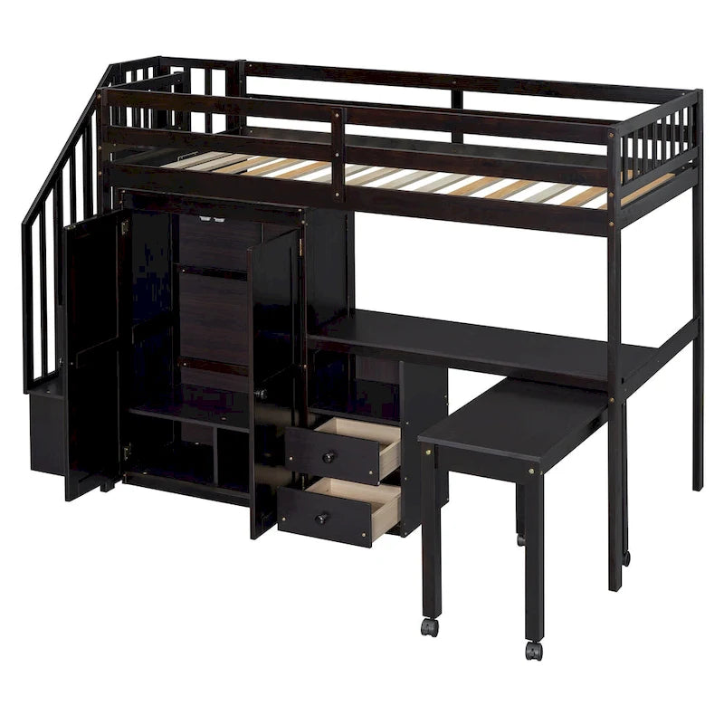 Twin Loft Bed with Stairs, Desk, and Storage - Espresso, Grey, White
