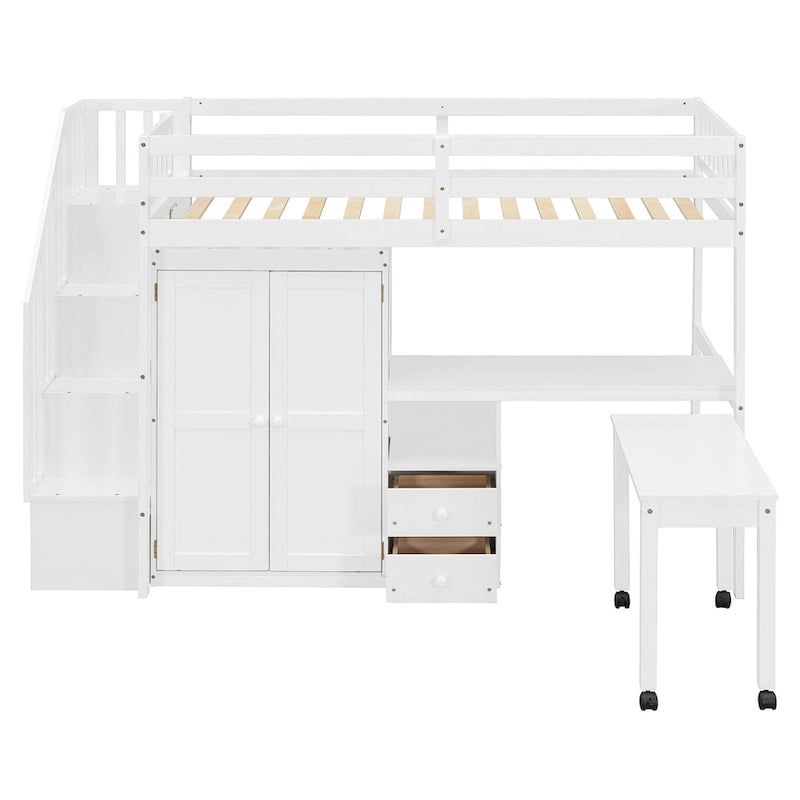 Twin Loft Bed with Stairs, Desk, and Storage - Espresso, Grey, White