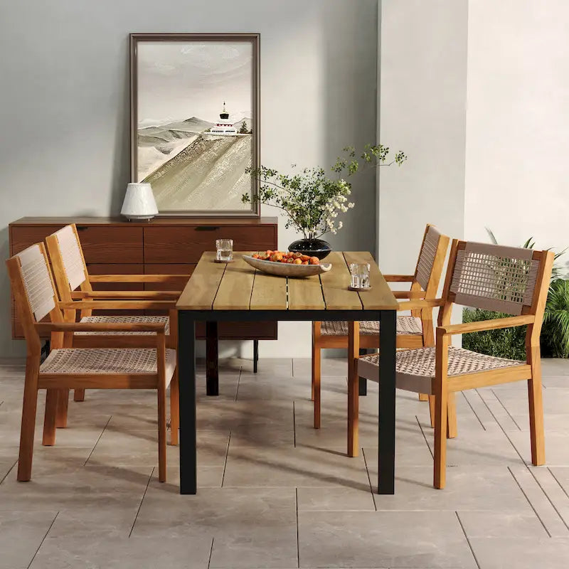 Christopher Knight Home Outdoor 5-Piece Acacia Wood Dining Sets with Rope Accent Chairs