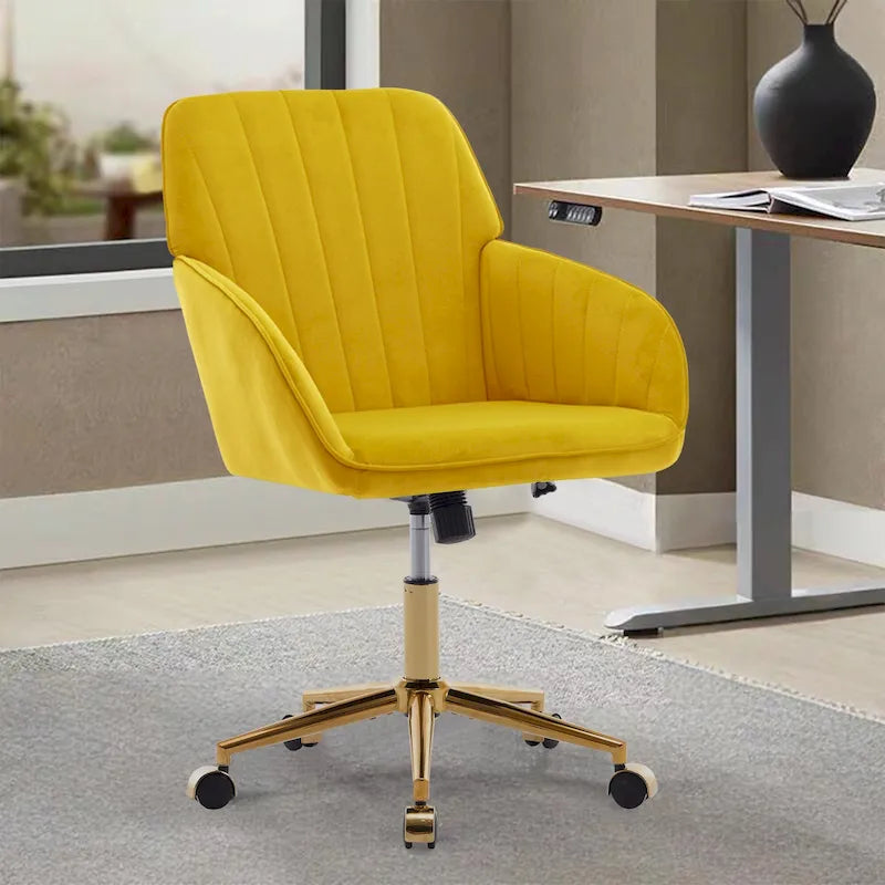 Velvet Swivel Office Chair with Gold Base - Bright Yellow