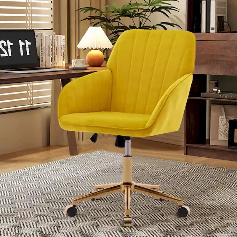 Velvet Swivel Office Chair with Gold Base - Bright Yellow