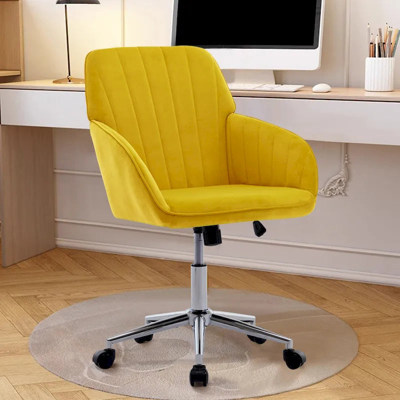 Velvet Swivel Office Chair with Gold Base - Bright Yellow
