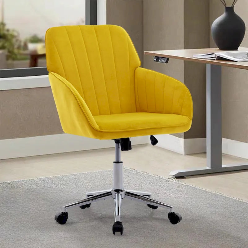Velvet Swivel Office Chair with Gold Base - Bright Yellow