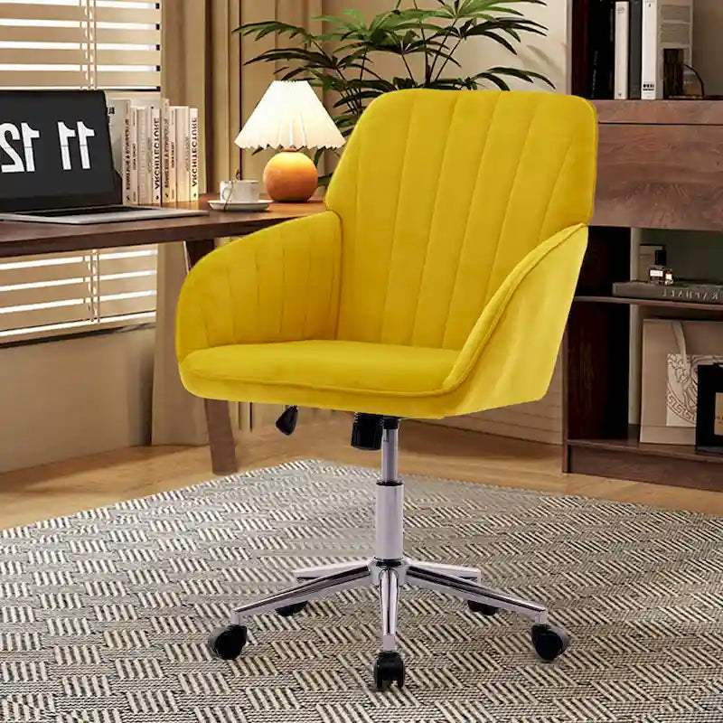 Velvet Swivel Office Chair with Gold Base - Bright Yellow