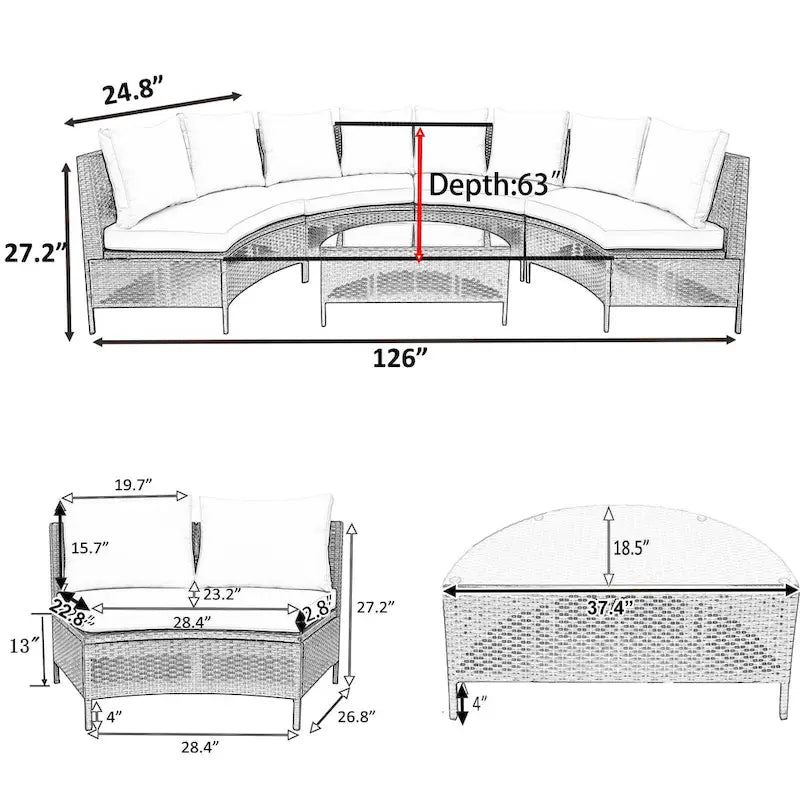 5-Piece Outdoor Rattan Half-Moon Sectional Sofa Set with Tempered Glass Coffee Table