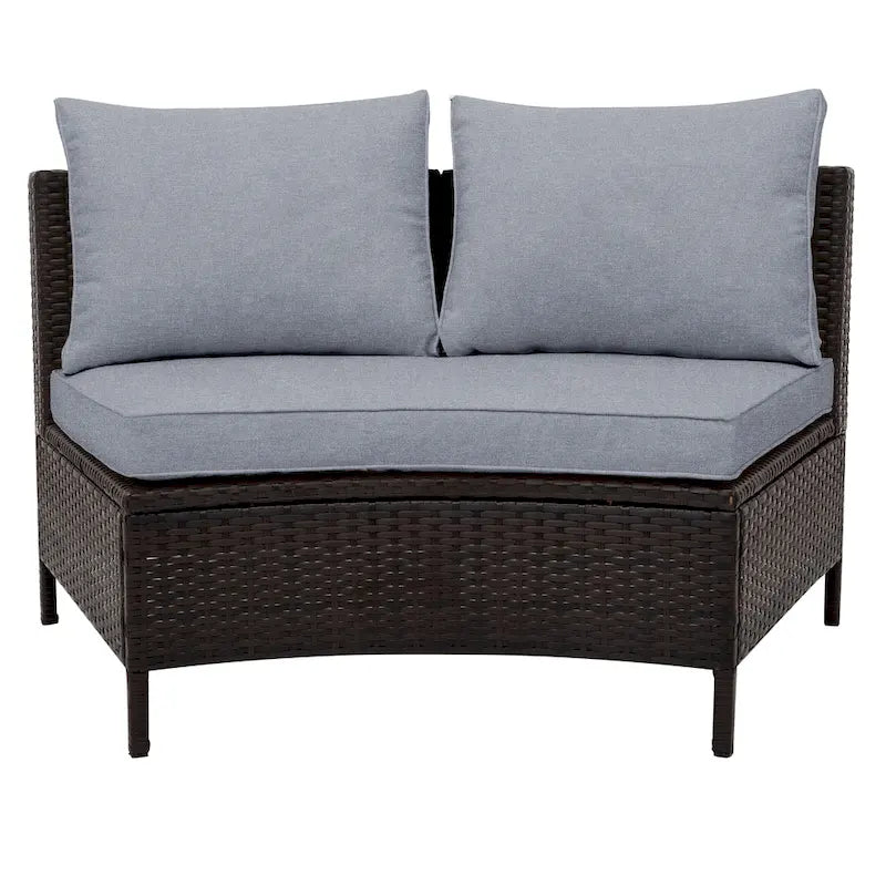 5-Piece Outdoor Rattan Half-Moon Sectional Sofa Set with Tempered Glass Coffee Table