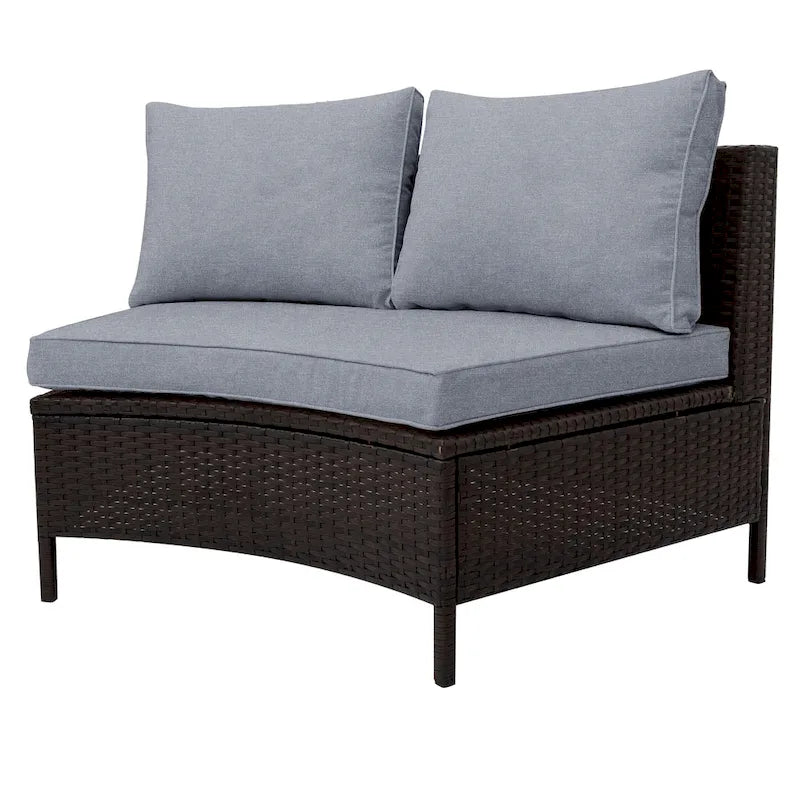 5-Piece Outdoor Rattan Half-Moon Sectional Sofa Set with Tempered Glass Coffee Table