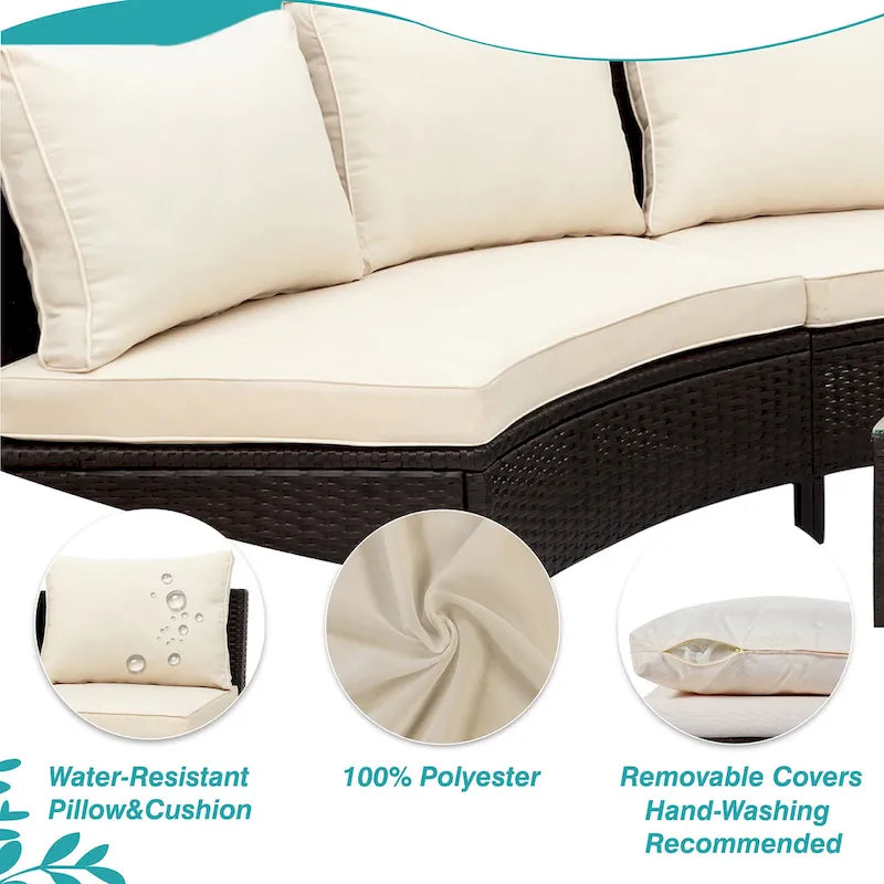 5-Piece Outdoor Rattan Half-Moon Sectional Sofa Set with Tempered Glass Coffee Table
