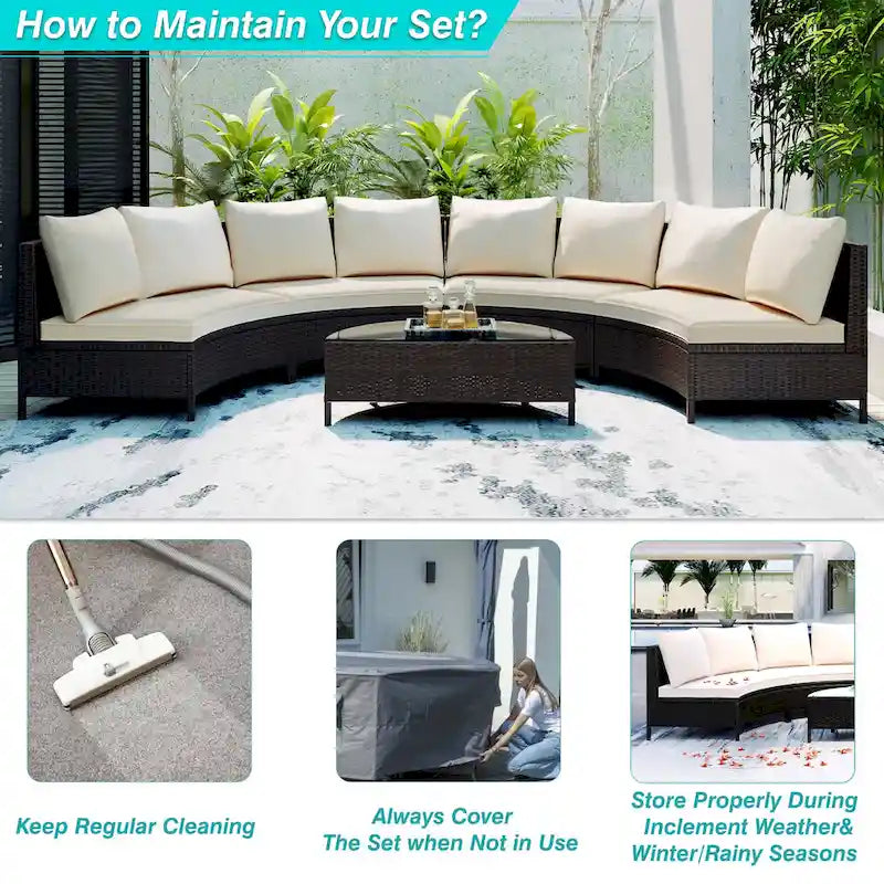 5-Piece Outdoor Rattan Half-Moon Sectional Sofa Set with Tempered Glass Coffee Table