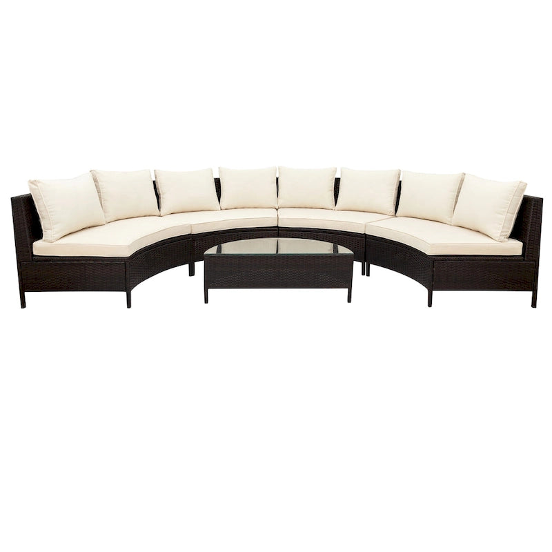 5-Piece Outdoor Rattan Half-Moon Sectional Sofa Set with Tempered Glass Coffee Table