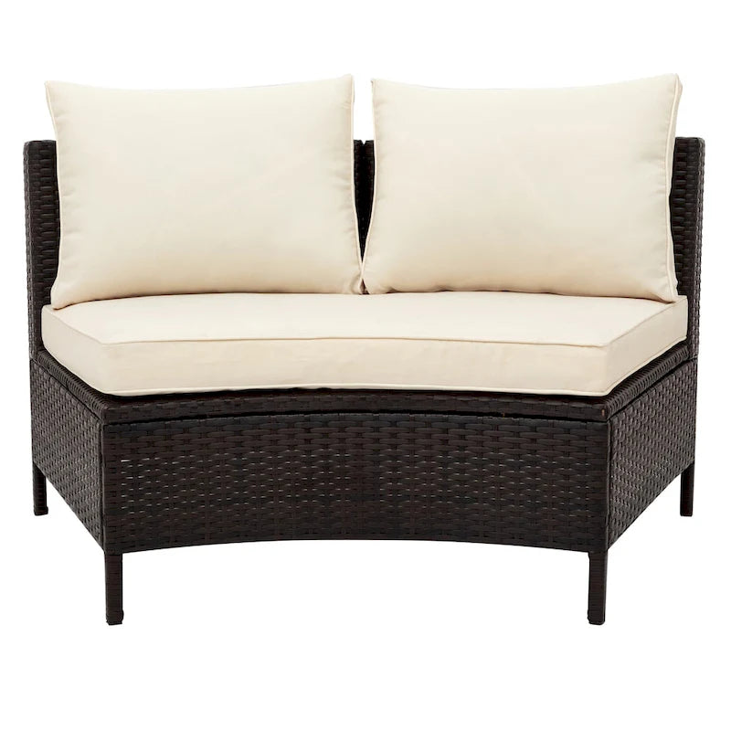 5-Piece Outdoor Rattan Half-Moon Sectional Sofa Set with Tempered Glass Coffee Table