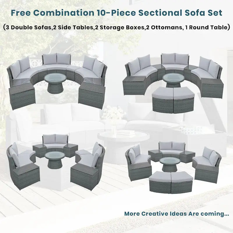 10-Piece Outdoor Rattan Modular Sectional Sofa Set with Coffee Table, Storage Box, Side Tables