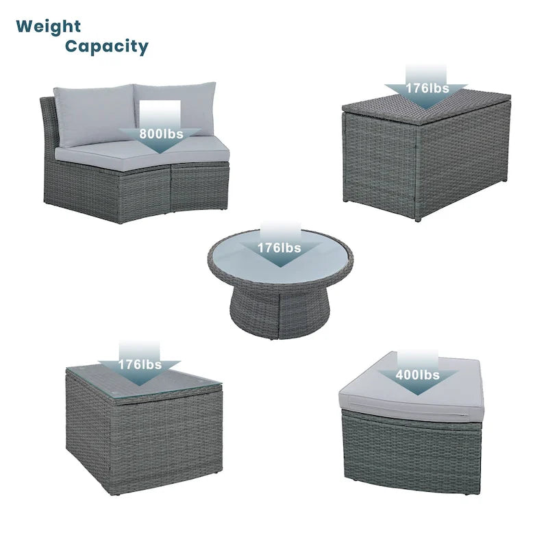 10-Piece Outdoor Rattan Modular Sectional Sofa Set with Coffee Table, Storage Box, Side Tables
