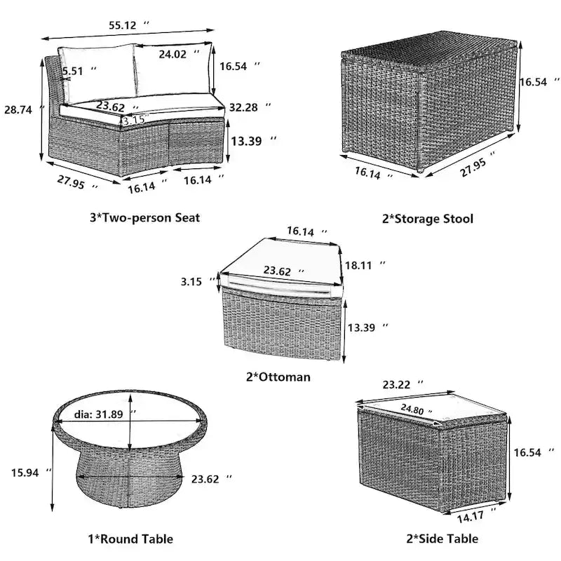 10-Piece Outdoor Rattan Modular Sectional Sofa Set with Coffee Table, Storage Box, Side Tables