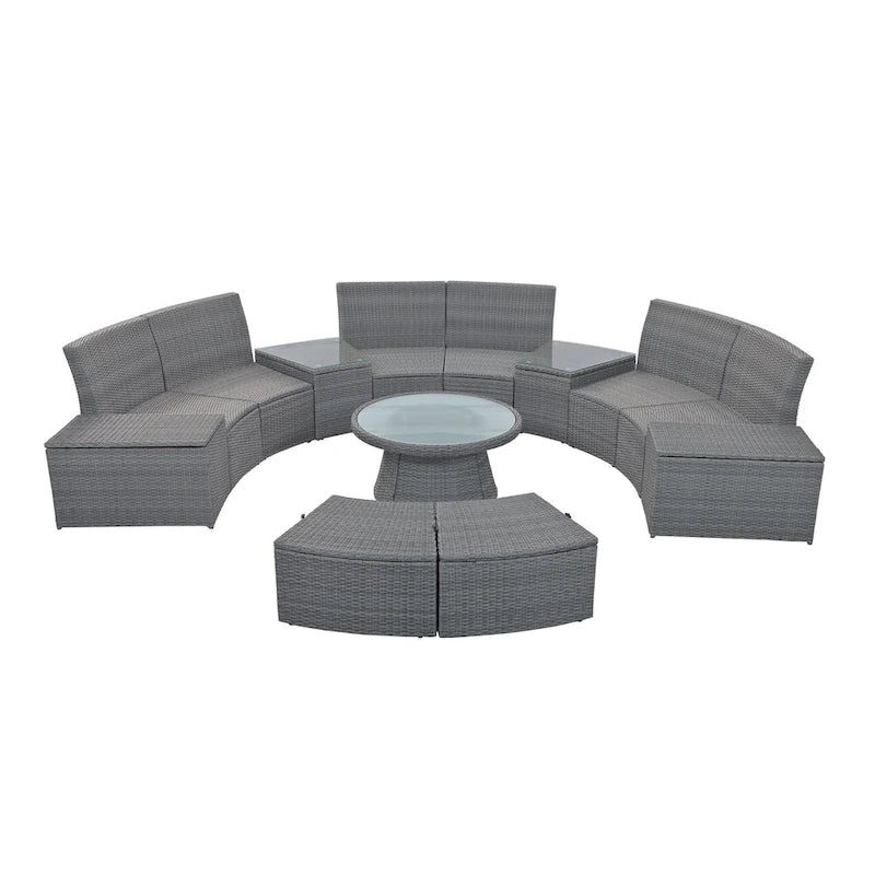 10-Piece Outdoor Rattan Modular Sectional Sofa Set with Coffee Table, Storage Box, Side Tables