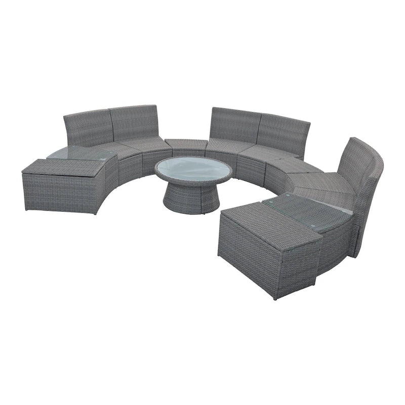 10-Piece Outdoor Rattan Modular Sectional Sofa Set with Coffee Table, Storage Box, Side Tables