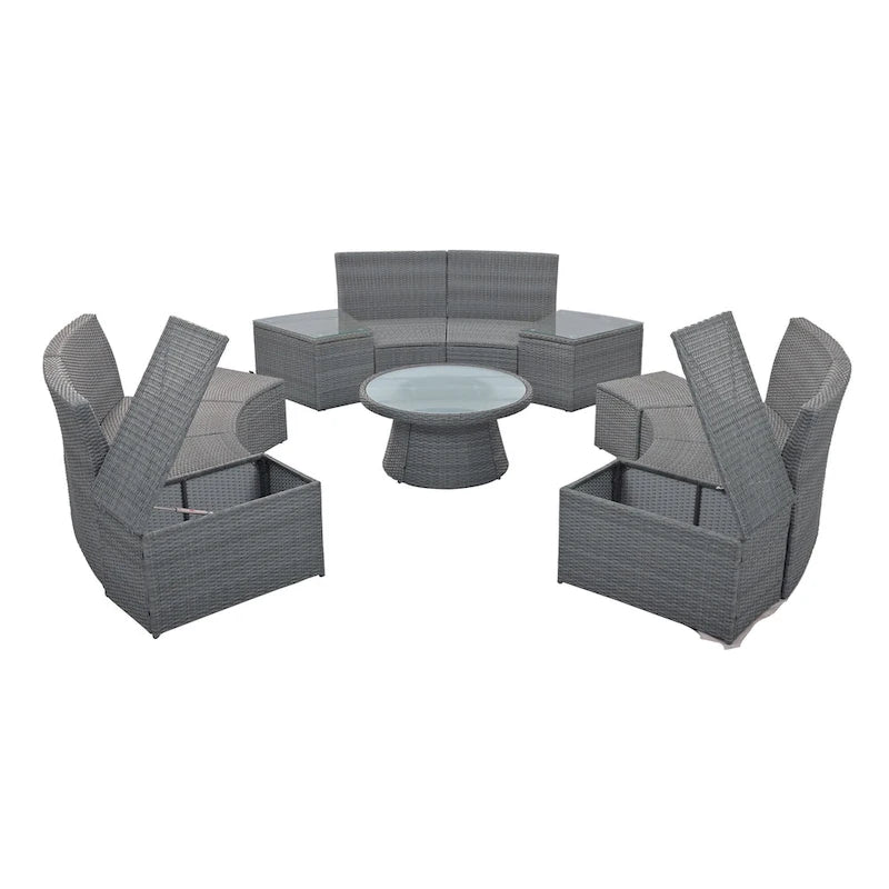 10-Piece Outdoor Rattan Modular Sectional Sofa Set with Coffee Table, Storage Box, Side Tables