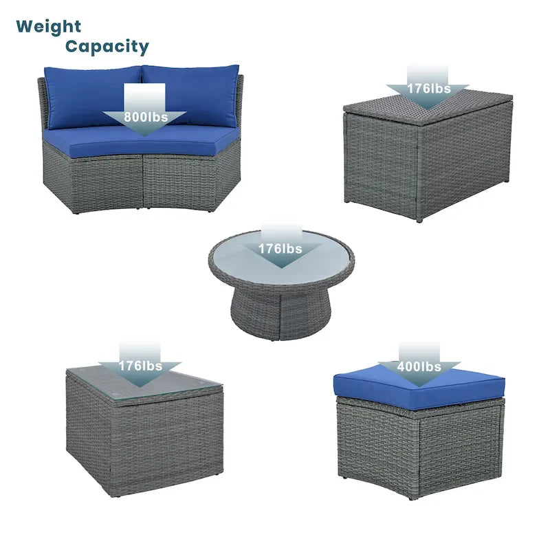 10-Piece Outdoor Rattan Modular Sectional Sofa Set with Coffee Table, Storage Box, Side Tables