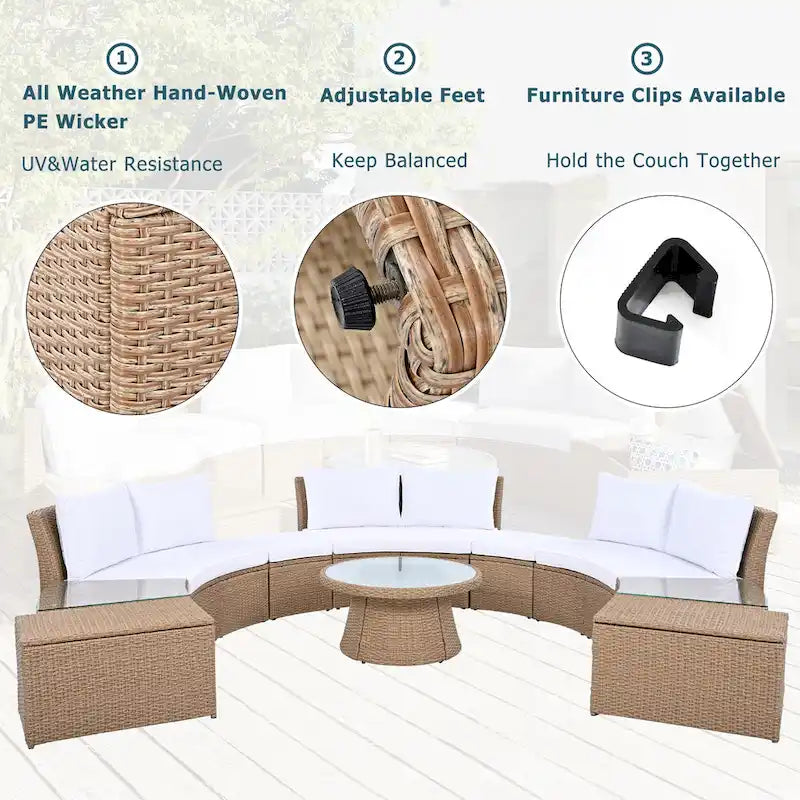 10-Piece Outdoor Rattan Modular Sectional Sofa Set with Coffee Table, Storage Box, Side Tables