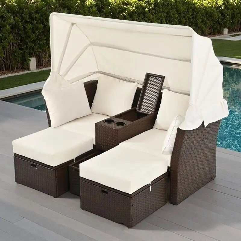 Convertible Outdoor Patio Daybed Loveseat Sofa Set with Retractable Canopy and Central Console