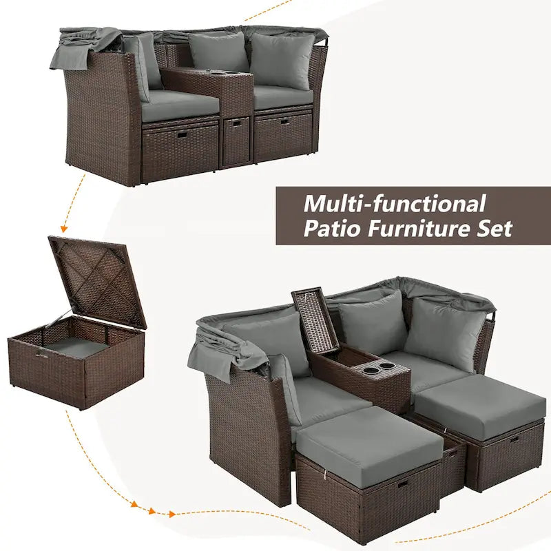 Convertible Outdoor Patio Daybed Loveseat Sofa Set with Retractable Canopy and Central Console