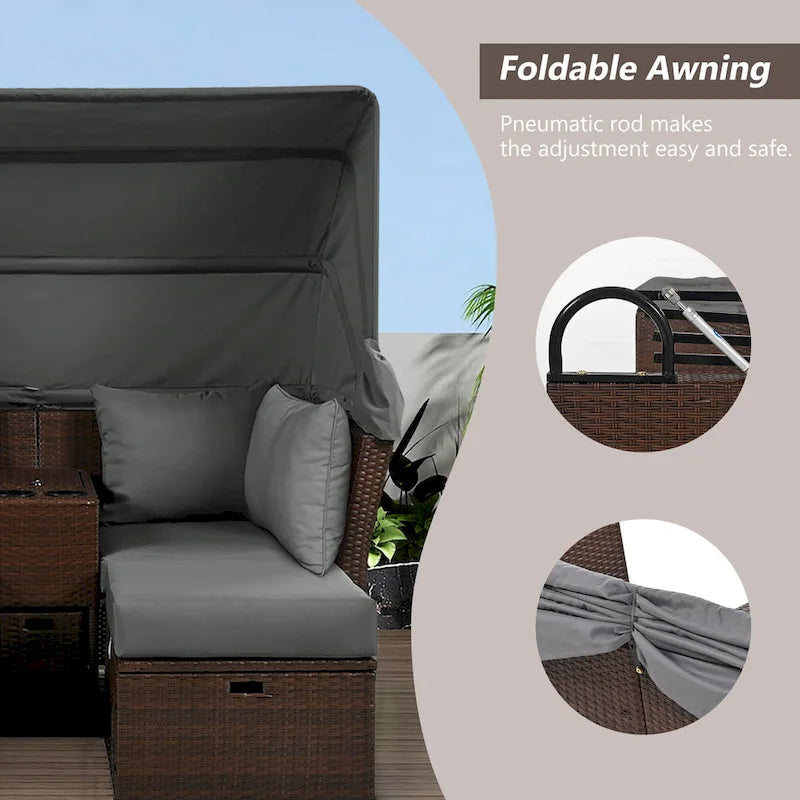 Convertible Outdoor Patio Daybed Loveseat Sofa Set with Retractable Canopy and Central Console