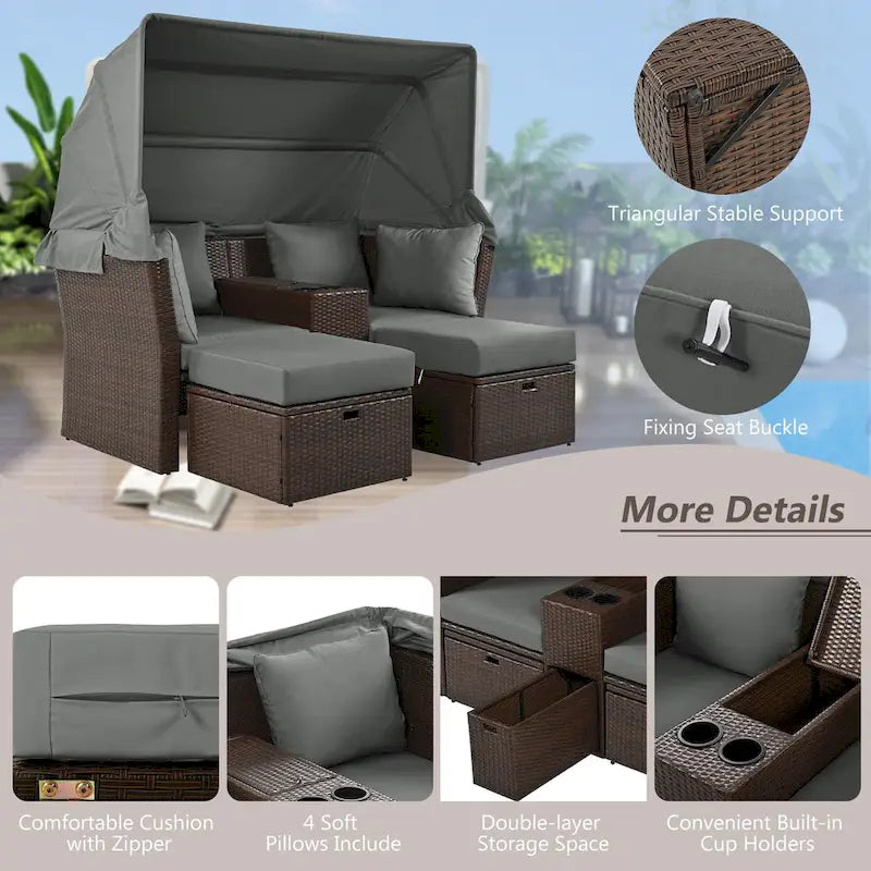 Convertible Outdoor Patio Daybed Loveseat Sofa Set with Retractable Canopy and Central Console