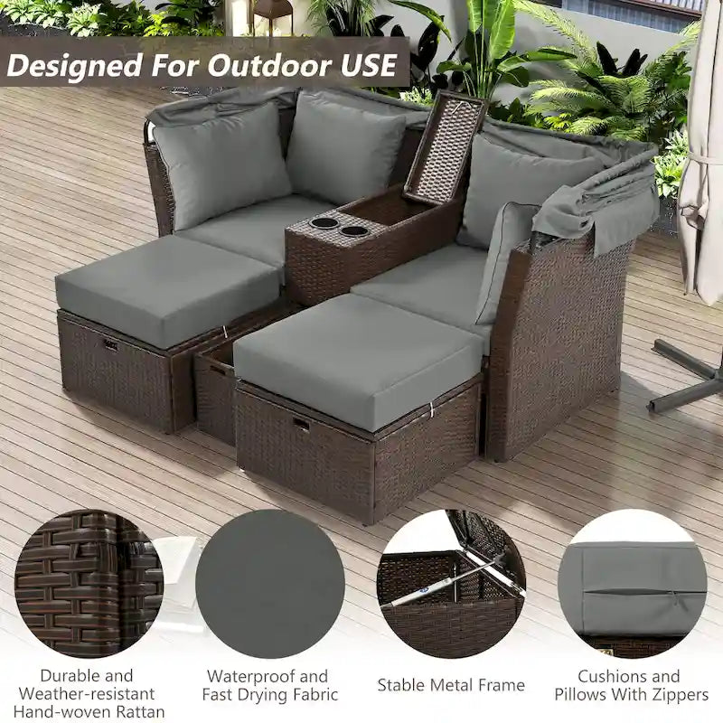 Convertible Outdoor Patio Daybed Loveseat Sofa Set with Retractable Canopy and Central Console
