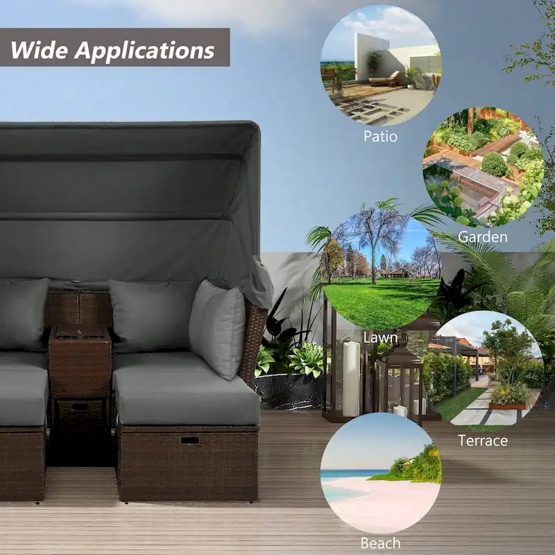 Convertible Outdoor Patio Daybed Loveseat Sofa Set with Retractable Canopy and Central Console