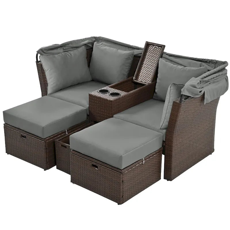 Convertible Outdoor Patio Daybed Loveseat Sofa Set with Retractable Canopy and Central Console