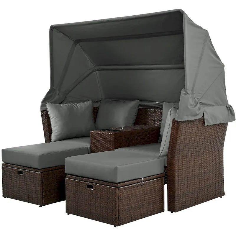 Convertible Outdoor Patio Daybed Loveseat Sofa Set with Retractable Canopy and Central Console