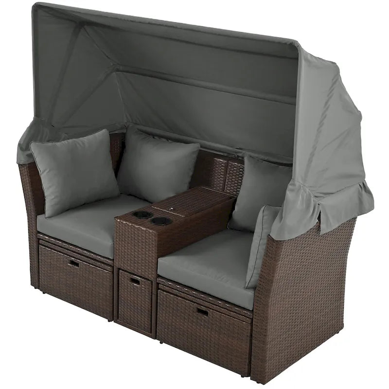 Convertible Outdoor Patio Daybed Loveseat Sofa Set with Retractable Canopy and Central Console