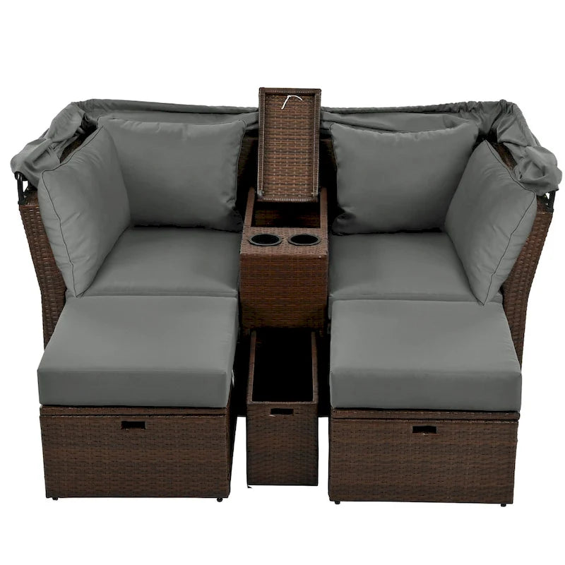 Convertible Outdoor Patio Daybed Loveseat Sofa Set with Retractable Canopy and Central Console