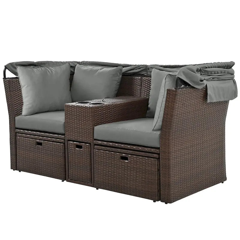Convertible Outdoor Patio Daybed Loveseat Sofa Set with Retractable Canopy and Central Console