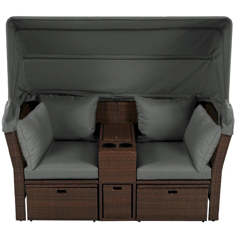 Convertible Outdoor Patio Daybed Loveseat Sofa Set with Retractable Canopy and Central Console