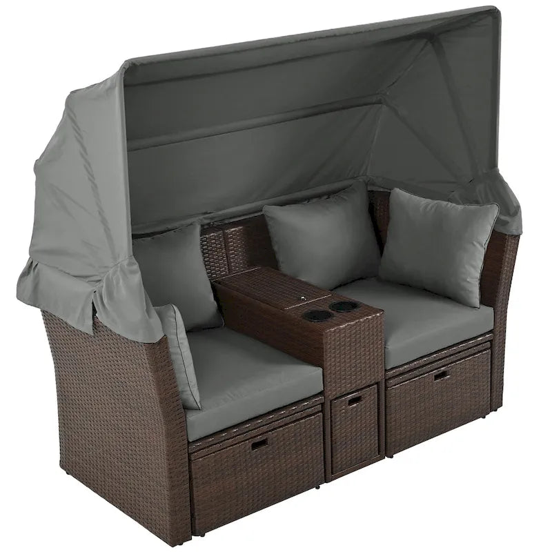 Convertible Outdoor Patio Daybed Loveseat Sofa Set with Retractable Canopy and Central Console