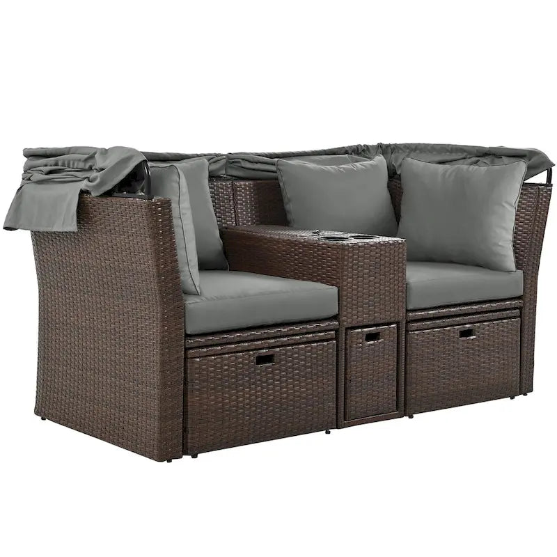 Convertible Outdoor Patio Daybed Loveseat Sofa Set with Retractable Canopy and Central Console