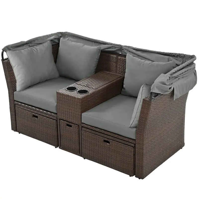 Convertible Outdoor Patio Daybed Loveseat Sofa Set with Retractable Canopy and Central Console