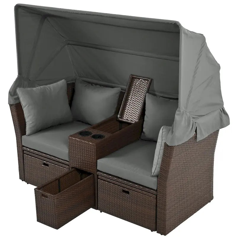 Convertible Outdoor Patio Daybed Loveseat Sofa Set with Retractable Canopy and Central Console
