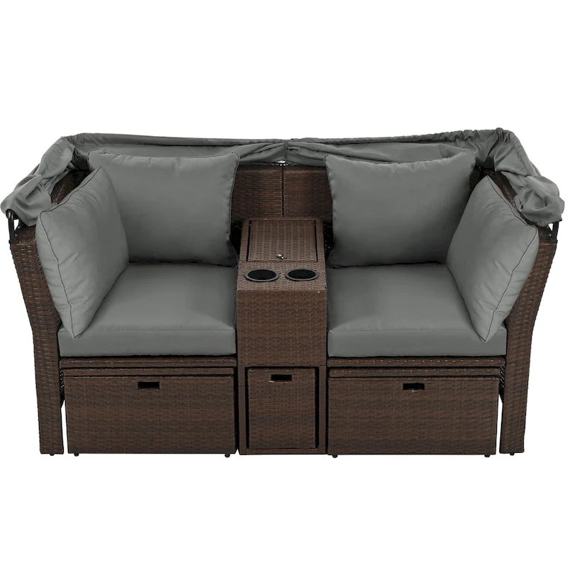 Convertible Outdoor Patio Daybed Loveseat Sofa Set with Retractable Canopy and Central Console