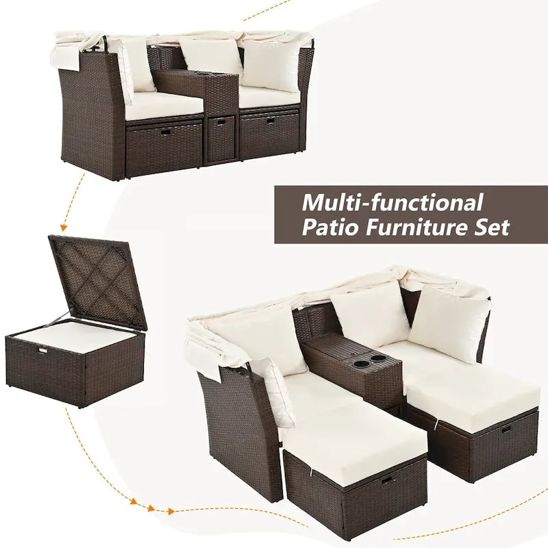 Convertible Outdoor Patio Daybed Loveseat Sofa Set with Retractable Canopy and Central Console