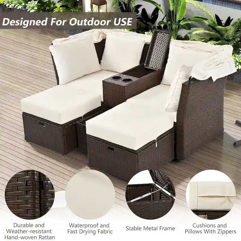 Convertible Outdoor Patio Daybed Loveseat Sofa Set with Retractable Canopy and Central Console