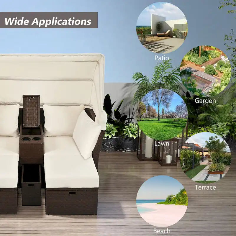 Convertible Outdoor Patio Daybed Loveseat Sofa Set with Retractable Canopy and Central Console