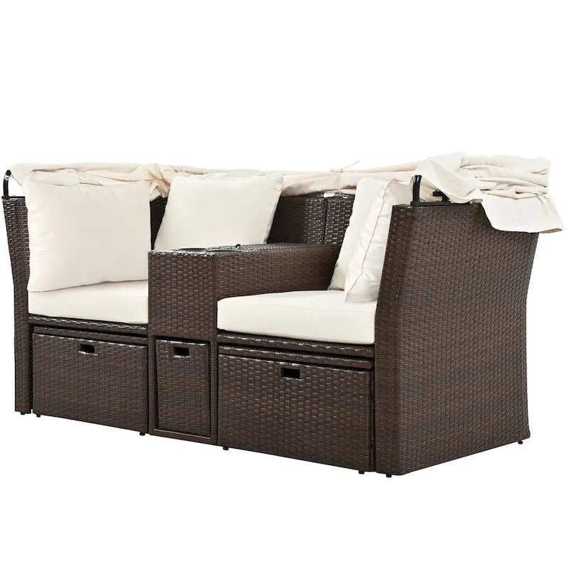 Convertible Outdoor Patio Daybed Loveseat Sofa Set with Retractable Canopy and Central Console
