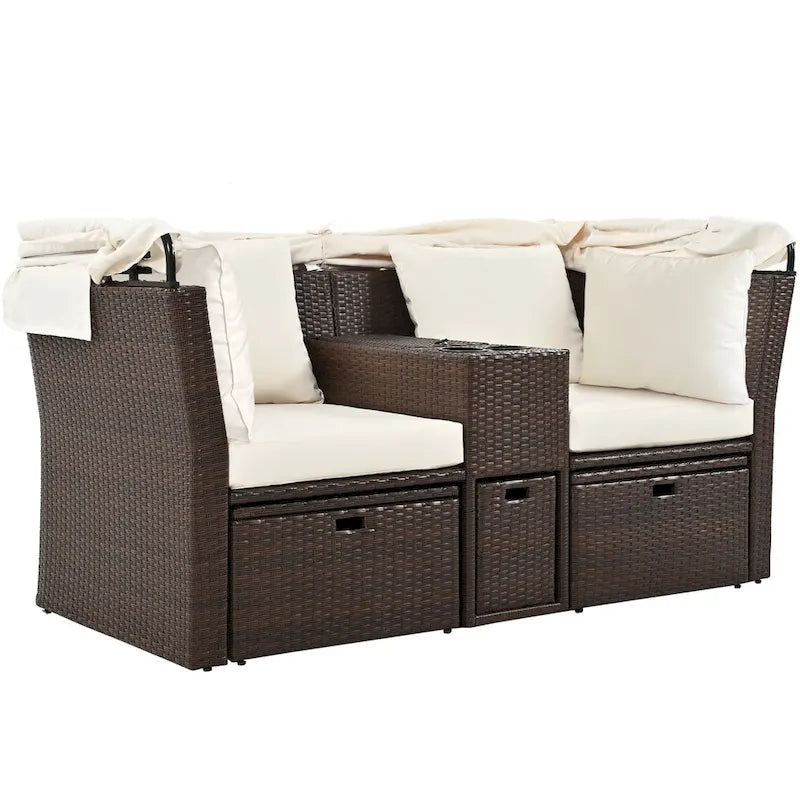 Convertible Outdoor Patio Daybed Loveseat Sofa Set with Retractable Canopy and Central Console