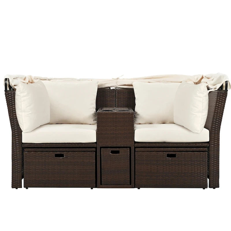 Convertible Outdoor Patio Daybed Loveseat Sofa Set with Retractable Canopy and Central Console