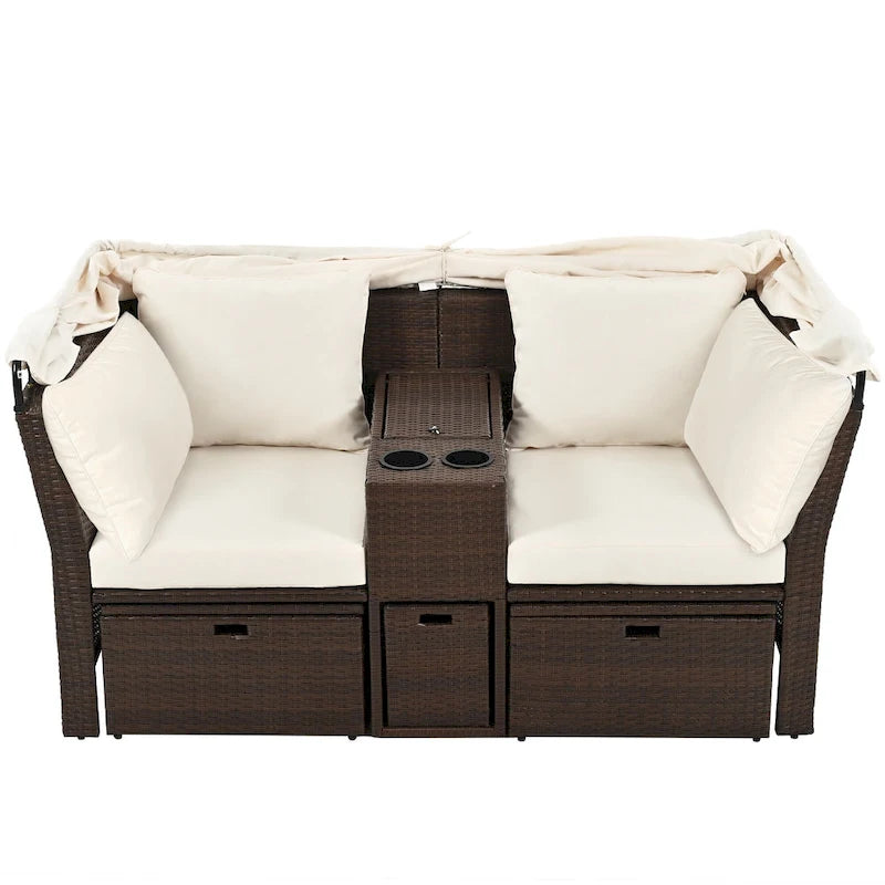 Convertible Outdoor Patio Daybed Loveseat Sofa Set with Retractable Canopy and Central Console